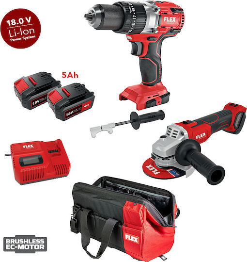 Flex PD2G 18.0-EC FC C Σετ Γωνιακός Τροχός & Κρουστικό Δραπανοκατσάβιδο 18V με 2 Μπαταρίες 5Ah και Θήκη